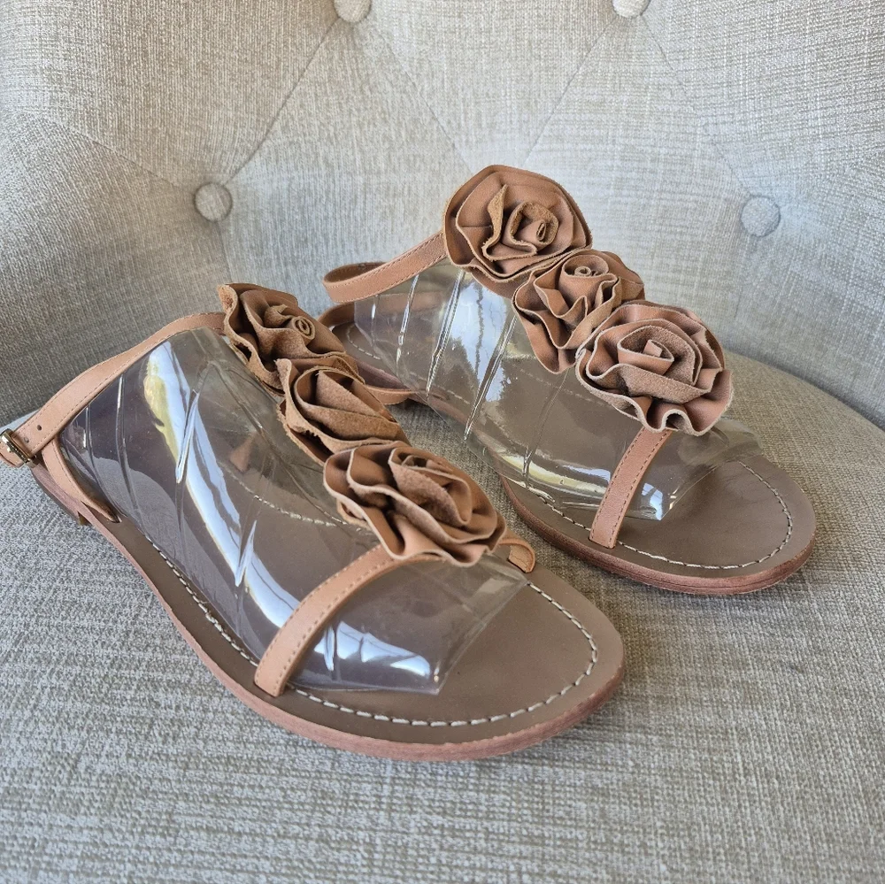 Kate Spade Shoes Tan Leather New York Ruffle Flower T Strap Flat Sandals Size 9